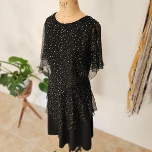 80s Vintage Gilberti Black Layered Gold Polka Dot Midi Dress _ Made In USA